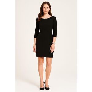 WHITE HOUSE BLACK MARKET Black Dress Medium 3/4 Sleeve Textured Knit Sheath Mini